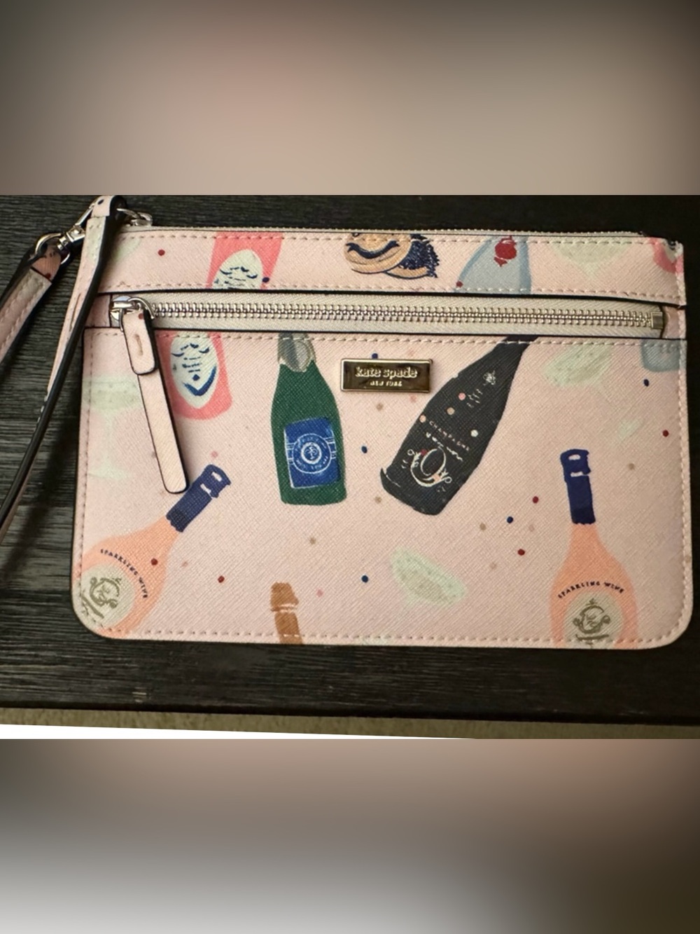 Kate Spade Pink Champagne Bottle Print Crossbody Wallet